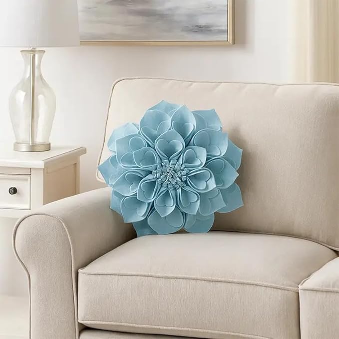 Fennco Styles Handmade 3D Heart-Shaped Petals Flower Decorative Filled Throw Pillow 13" Round - Aqua Floral Pillow for Couch, Home Décor and Holiday, Housewarming Gift