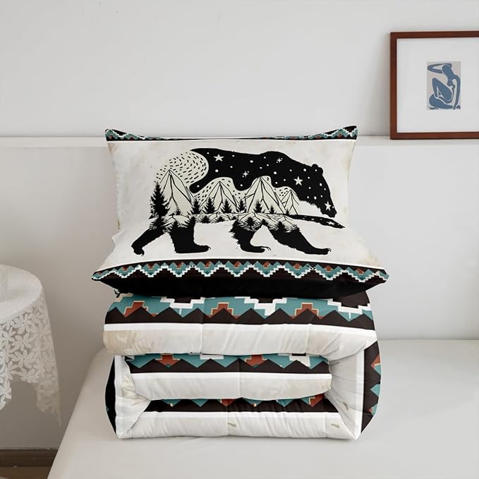 Feelyou Bear Print Bedding Set Boho Southwestern Comforter Set for Kids Boys Girls Wild Animal Hunt Comforter Rustic Farmhouse Quilt Set Room 3Pcs Queen Size