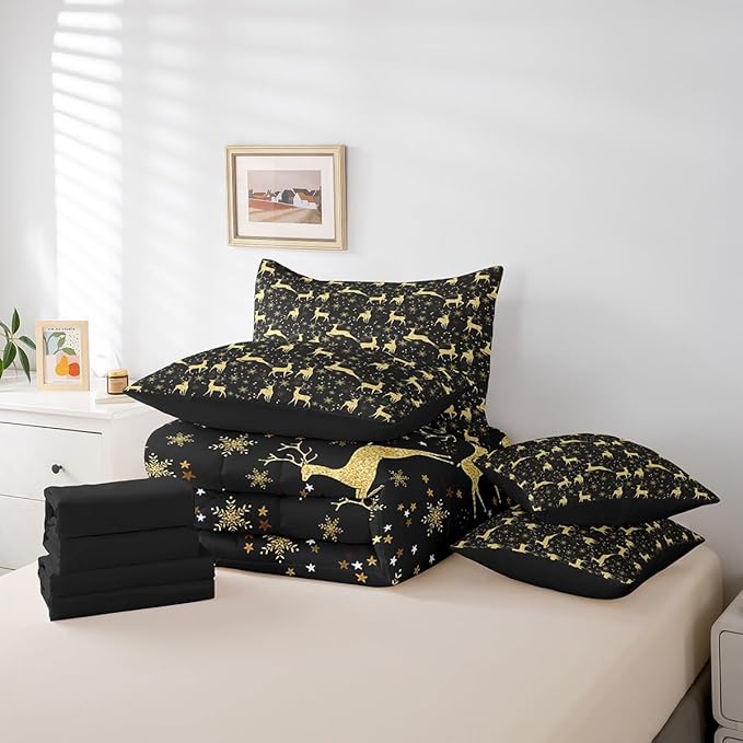 Erosebridal Elk Deer Bed in a Bag 7 Pcs Queen,Golden Deers Comforter Set for Kids Teens,Merry Christmas Fitted Sheet,Xmas Winter Snowflake Sheet Set,Moose Wild Animals Wildlife Bedding Set Room Decor