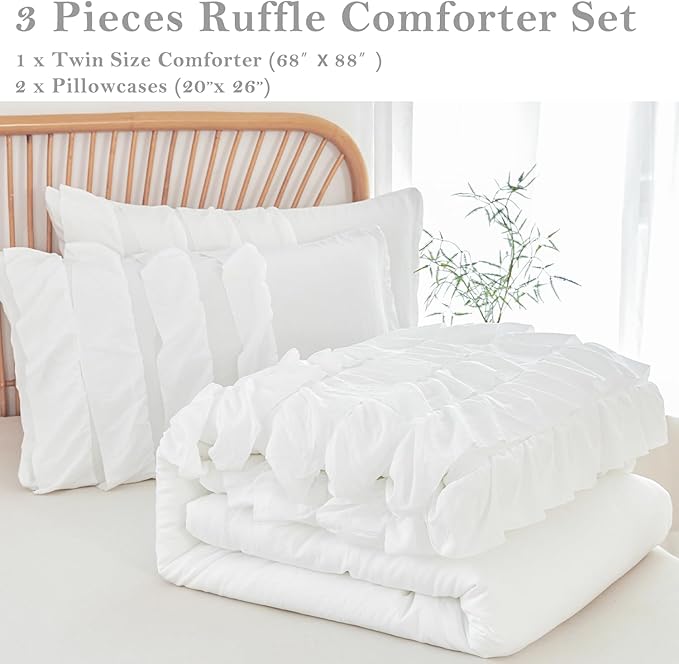 PERFEMET White Twin Comforter Set, 3 Pieces Ruffled Comforter Sets Boho Vintage Farmhouse Shabby Chic Bedding, All Season Soft Lightweight Bed Set for Bedroom (White,Twin)