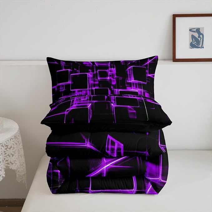 Erosebridal Fluorescent Purple and Black Kids Comforter Set, Modern Geometric Square Bedding Sets Colorful Gradient Neon Light Honeycomb Duvet Insert Twin 2 Pieces