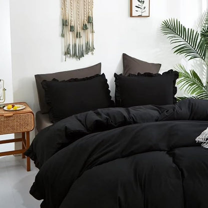 CLOTHKNOW Black Ruffles Comforter King Size Set Farmhouse Bedding Comforter Sets Shabby Chic Comforter Boho Comforter with 2 x Pillowcases