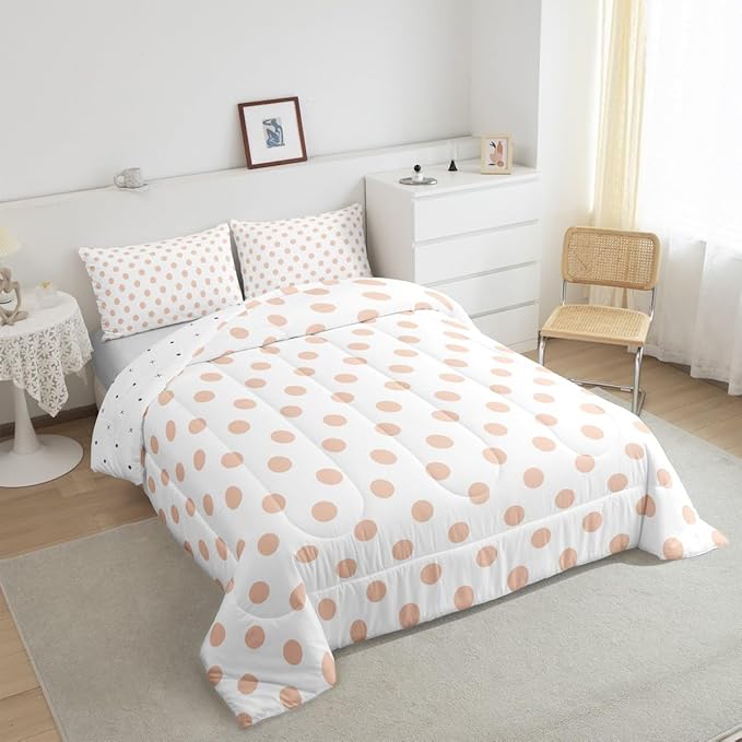 Manfei Polka Dots Pink White Comforter Set Full Size,Geometric Circles Simple Art Bedding Set 3 Pcs for Teens Young,Cute French Style Dots Cartoon Comforter,2 Pillowcases