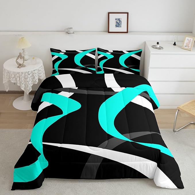 Erosebridal Grey Black Turquoise Bedding Comforter Sets Teal Gray White Striped Abstract Bedding Set King for Kids Boys Girls Geometric Stripes Down Comforter Modern Fashion Quilt Duvet
