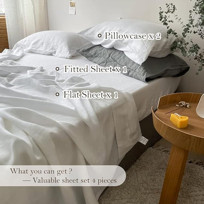 Simple&Opulence Washed Linen Bed Sheet Set Basic Style 4 Pieces (1 Flat Sheet & 1 Fitted Sheet & 2 Pillowcases) 100% Natural French Flax Soft Breathable Farmhouse Bedding (King, White)