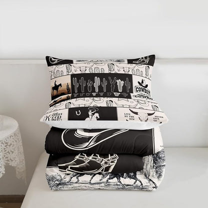 Western Cowboy Kids Comforter Set King Size,Cowboy Boots Horseshoe Farmhouse Bedding Set,Boys Girls Adults Room Decor,Cow Skull Cactus Rustic Down Comforter,Beige Retro Duvet Insert,2 Pillowcases