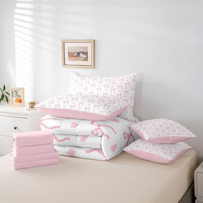 Erosebridal Bowknot Love Hearts Pink White Full Comforter Set 7 Pieces | Ribbon Bow Kawaii Bed in A Bag for Bedroom Girly Kids Cute Dreamy Bedding Set with Comforters Women Teens Adults Room Decor