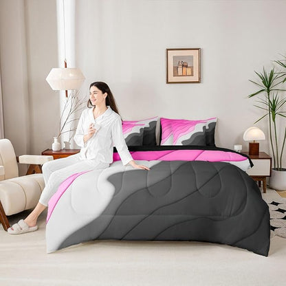 Erosebridal Pink Grey Black Ombre Bed in a Bag 7-Piece Kids Teens Adults Geometric Stripe Bedding Set, Aesthetic Wave Full Size Comforter Set Modern Abstract Bedding Comforter Sets, Gradient Bed Set