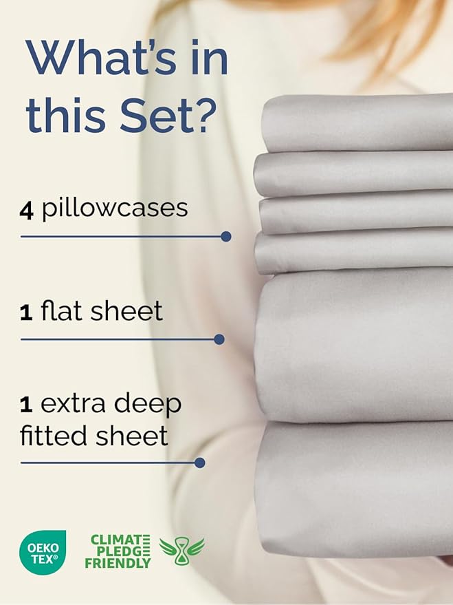 Extra Deep Queen Sheet Set - 6 Piece Breathable and Cooling Sheets - Hotel Luxury Bedding for Women, Men, Kids & Teens - Easy & Secure Fit - Soft and Wrinkle Free - Extra Deep Pockets - French Grey