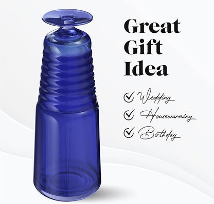American Atelier 32 oz Bedside Water Carafe Set – 11" Ribbed Glass Pitcher with Footed Cup Lid, Covered Drinking Decanter for Nightstand, Guest Room, Office & Bathroom Accent, Elegant Glassware (Navy)