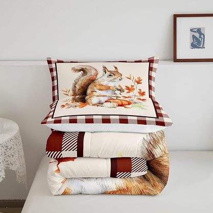 Castle Fairy Fall Pumpkin Maple Leaf Comforter Set for Kids,Autumn Harvest Squirrel Bedding Set Teens Boys Room Decor,Vintage Wood Plank Grid Comforter with 1 Pillowcase for All Seasons,Twin