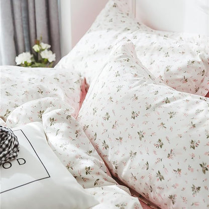 mixinni Queen Comforter Set Pink White Flower Leaf Print Bedding Sets, Cute Floral Bedding Comforter Sets for All Seasons-(1 Comforter+2 Pillow Shams)-Queen Size