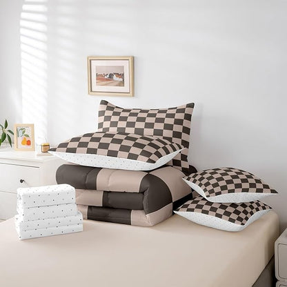 Feelyou Checkered Retro 7 Piece Bedding Set Teen Women Men Gradient Brown Plaid Comforter Set with Sheets Queen Size Kids Boys Geometric Vintage Bed in a Bag Modern Simple Groovy Aesthetic Room Decor