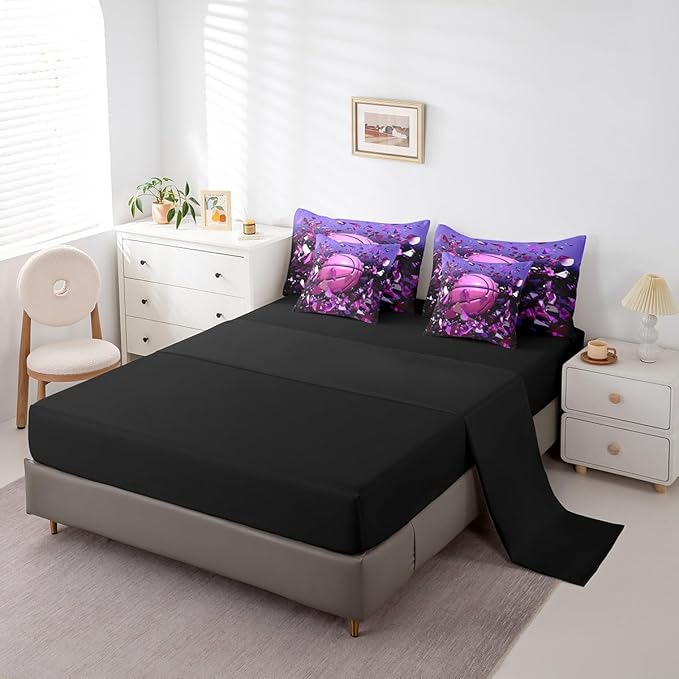 Feelyou Basketball Comforter Set King Size 7 Pcs Girls Boys Basketball Sports Comforter Bed in a Bag Sports Ball Game Bedding Set for Basketball Lover Bed Set with Sheets, Pillowcases, Pillow Covers