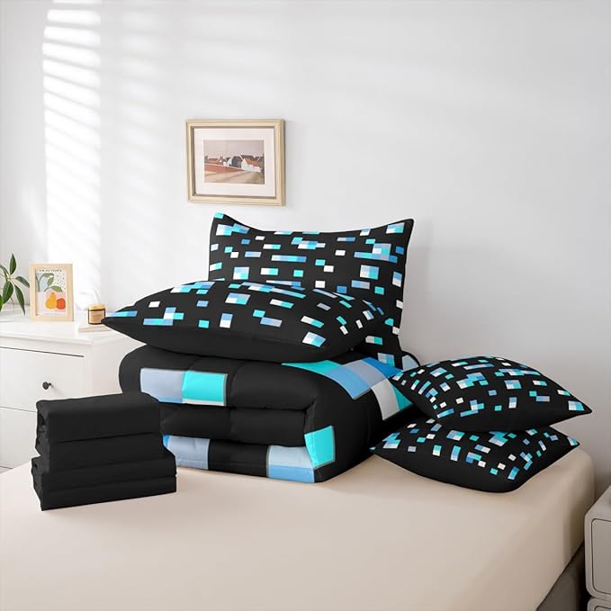 Castle Fairy Blue Miner Square 7 Piece Comforter Set Queen Size,Geometric Grid All Season Reversible Bed in a Bag Pixelated Games Bedding Sets Pixel Style Flat Sheet,Fitted Sheet,Pillowcases