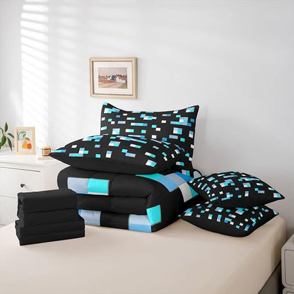 Castle Fairy Blue Miner Square 7 Piece Comforter Set Queen Size,Geometric Grid All Season Reversible Bed in a Bag Pixelated Games Bedding Sets Pixel Style Flat Sheet,Fitted Sheet,Pillowcases