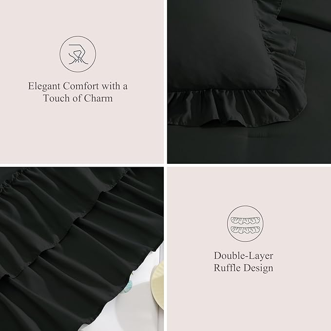 King Size Comforter Set Black, Ruffle Shabby Chic Bedding Set Farmhouse 7 Pieces, All Season Fluffy Bed in a Bag with Sheets, Pillowcases & Shams