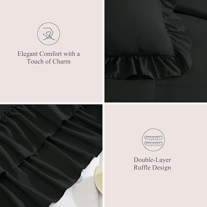 Full Comforter Set Black, Ruffle Shabby Chic Bedding Set Farmhouse 7 Pieces, All Season Fluffy Bed in a Bag with Sheets, Pillowcases & Shams