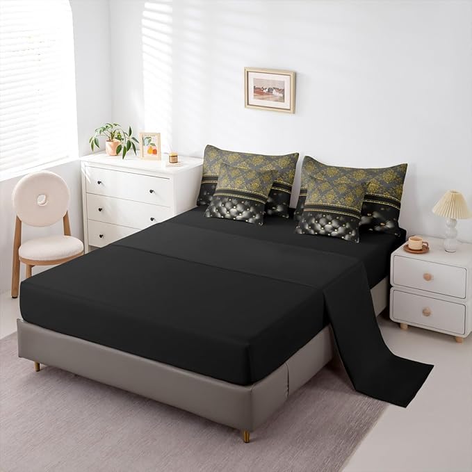 Golden Damask Bed in a Bag King Size Comforter Set 7 Pieces,Luxury Black Diamond Texture Bohemian Bedding Sets Victorian Decor Gothic Vintage Floral Comforter and Sheet Set, Baroque Goth Bed Sets