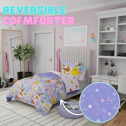 Pokémon Girl Kids Bedding Twin Size – 5 Piece Comforter & Sheet Set with Sham – Super Soft – Eevee, Pikachu & Jigglypuff – (Officially Licensed Product) by Franco