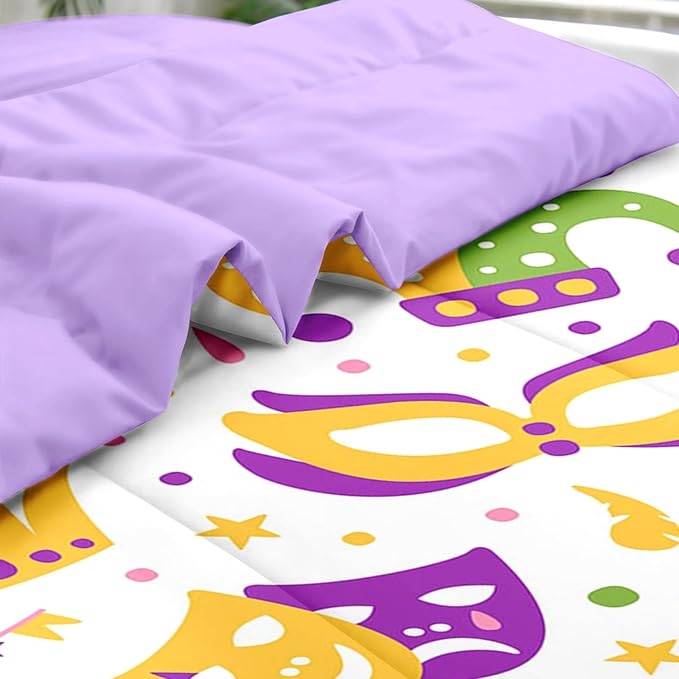 Comforter Set Full Size, Happy Purple Gold Mask 7 Pcs Bedding for Kids and Adults, Mardi Carnival Party Bed Sheet Sets with Fitted Sheet 2 Pillowcases & 2 Shams for Bedroom Bed Decor