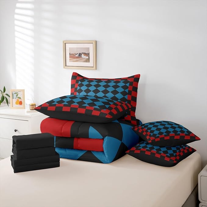 Feelyou Checkered Retro Twin Comforter Set with Sheets for Kids Boys Girls Red Blue Black Plaid 7 Pieces Bedding Set Geometric Vintage Bed in a Bag Modern Simple Groovy Aesthetic Room Decor Soft