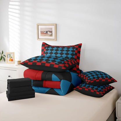 Feelyou Checkered Retro King Comforter Set with Sheets for Kids Boys Girls Red Blue Black Plaid 7 Pieces Bedding Set Geometric Vintage Bed in a Bag Modern Simple Groovy Aesthetic Room Decor Soft