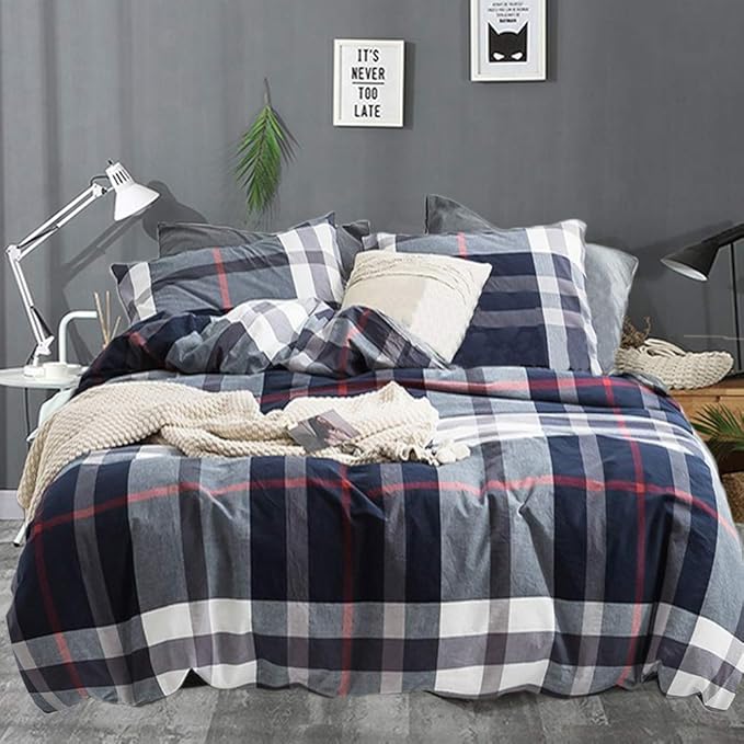 Cottonight Navy Blue Plaid Comforter Set King Buffalo Checkered Comforter Lightweight Blue Grid Bedding Set Super Soft Blue Red and White Plaid Bedding Set for Men Boys Adults