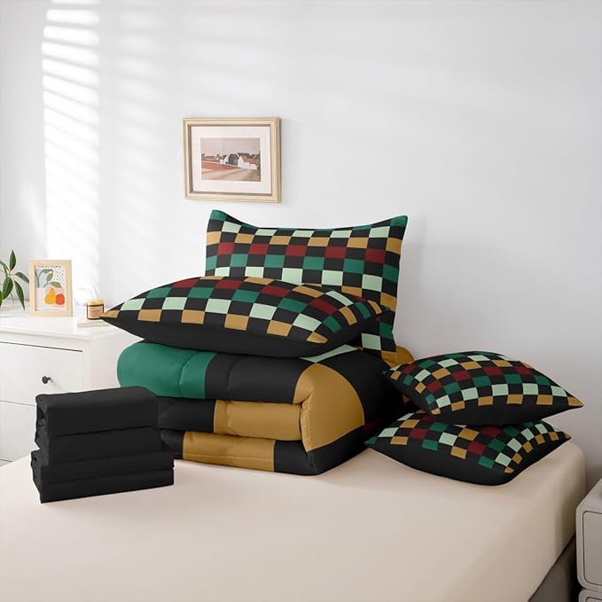 Checkered Retro Comforter Set with Sheets 7 Piece Twin Size Green Red Yellow Plaid Bedding Set for Kids Boys Girls Geometric Vintage Bed in a Bag Modern Simple Groovy Aesthetic Room Decor Soft
