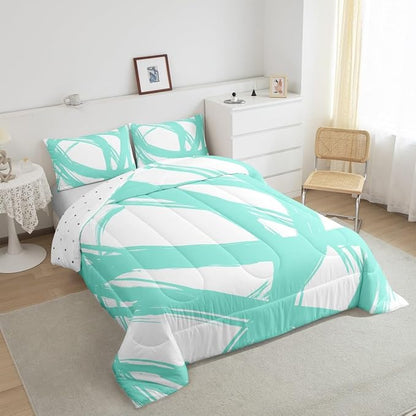 Turquoise and White Striped King Bedding Set for Kids Teens Adults, Geometric Striped Comforter Set for Minimalists,Graffiti Aesthetic Lines Duvet Insert,Contemporary Boho Modern Art Quilt