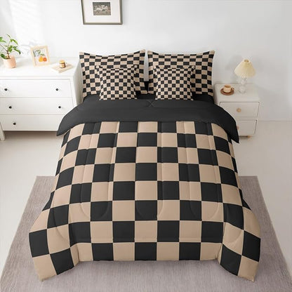 Feelyou Checkered Retro Comforter Set with Sheets 7 Piece King Size Brown Plaid Bed in a Bag Kids Boys Girls Geometric Vintage Bedding Set Modern Simple Groovy Aesthetic Bedroom Decor Breathable Soft