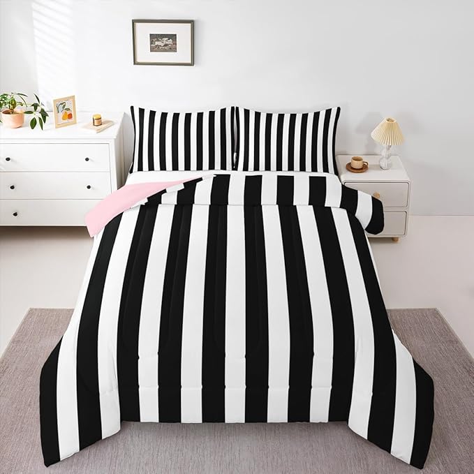 Erosebridal Black and White Striped Queen Comforter Set (Pink Reversible) | Striped Bedding Set Pink and Black Comforter Sets for Kids Teens Adults Cute Pinstripe Girls Bed Quilt Sets