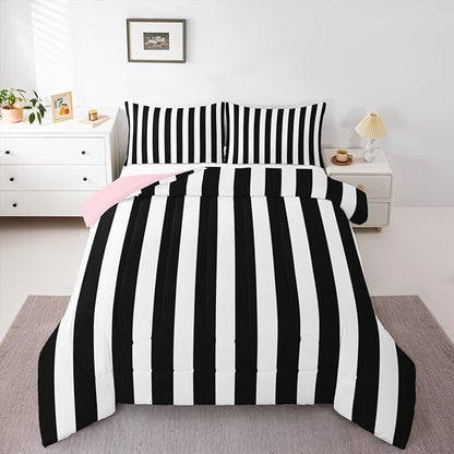 Erosebridal Black and White Striped Full Comforter Set (Pink Reversible) | Striped Bedding Set Pink and Black Comforter Sets for Kids Teens Adults Cute Pinstripe Girls Bed Quilt Sets