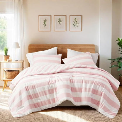Reversible Striped King Comforter Set, Soft Microfiber Bedding Set with Double-Sided Stripes Design, Warm & Cozy for All-Seasons, 3-Piece Comforter and Shams Set King Size, Blush