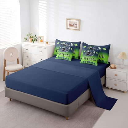 Erosebridal Football Bed in A Bag American Soccer Sports 7 Piece Bedding Set Rugby Sports Games Comforter Set with Sheets Blue Green Soft Lightweight Bed Set Full for Kids Boys Teen Adults