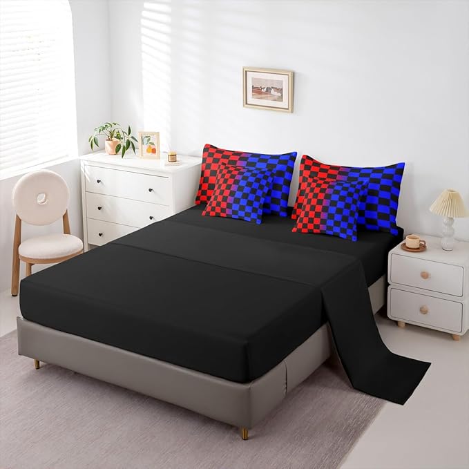 Checkered Comforter Set With Sheets 7 Piece King Size Red Blue Plaid Bed in a Bag Kids Boys Girls Cute Retro Neutral Checkerboard Geometric Bedding Set Vintage Aesthetic Bedroom Decor Breathable Soft