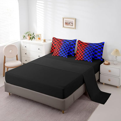 Checkered Comforter Set With Sheets 7 Piece King Size Red Blue Plaid Bed in a Bag Kids Boys Girls Cute Retro Neutral Checkerboard Geometric Bedding Set Vintage Aesthetic Bedroom Decor Breathable Soft