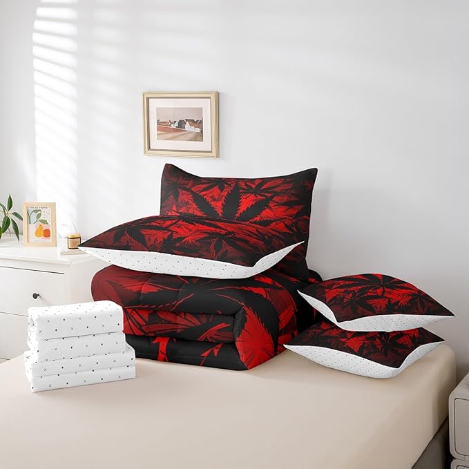 Erosebridal 7 Pcs Comforter Set, Full Size, Neon Bed in a Bag with Flat Sheet and Fitted Sheet for Kids and Adults, Leaf Bedding Set with Pillowcases and Cushion Cases