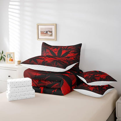 Erosebridal 7 Pcs Comforter Set King Size, Neon Bed in a Bag with Flat Fitted Sheet for Kids and Adults, Leaf Bedding Set with Pillowcases and Cushion Cases