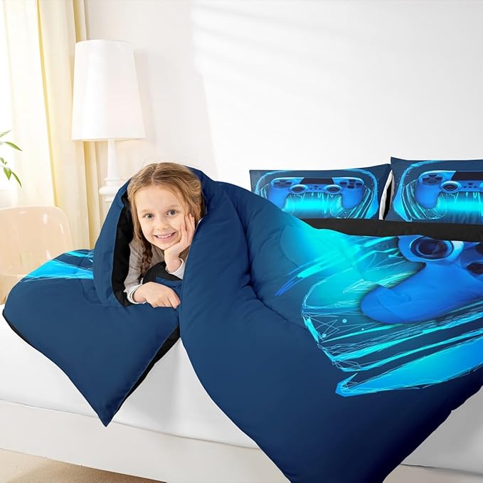 Gamer Comforter Set Full Size,Blue Headphones Musical Design Games Gamepad Bedding Set for Kids Boys Video Game Room Decor Retro Playing Gamer Down Comforter Gaming Controller Quilted Duvet Set