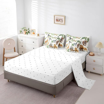 Erosebridal Zoo Animal 7 Piece Bedding Set Twin Size,Lion Tiger Monkey Bed in a Bag,Tropical Palm Trees Bed Set Includes Comforter, Sheet Set, Pillowcases & Pillow Covers All Season Bedroom Decor