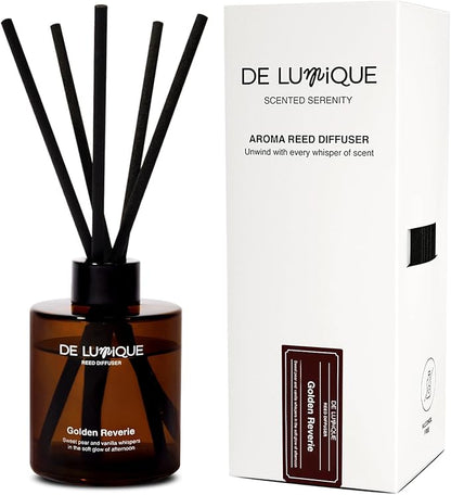 Aroma Diffuser for Home – Golden Reverie Reed Diffuser with Essential Oils – Long Lasting Room Scent Diffuser, Vanilla Pear Scent – 150ml