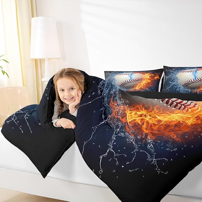 Baseball Comforter Set Twin Size for Teen Boy Room Decor, Fire and Ice Sports Baseball Down Comforter Kids Men Modern Sports Theme Quilted Duvet (1 Comforter Set + 1 Pillow Case), Red and Blue