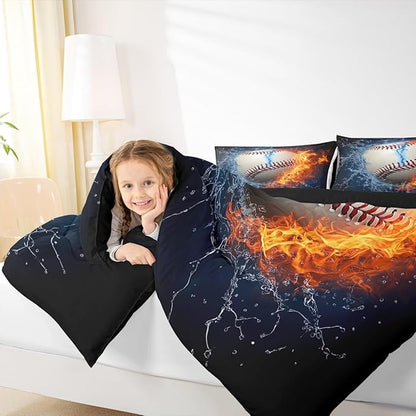 Erosebridal Baseball Comforter Set King Size Sports Theme Bedding Kids Teens Boys Fire and Ice Sports Baseball Quilted Duvet Decoration 3 Pcs Bedding Comforters Red Blue with 2 Pillowcases
