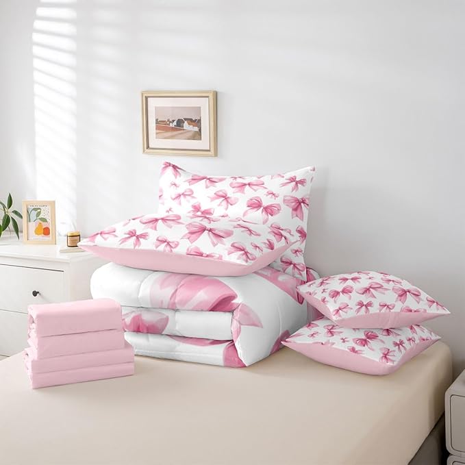 Feelyou Pink Bow Comforter Set with Sheets 7 Piece Twin Size Cute Bowknot Bed in a Bag Kids Boys Girls Princess Decor Bedding Set Kawaii Bedroom Decor Breathable Soft Lightweight Microfiber