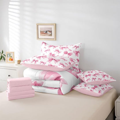 Feelyou Pink Bow Comforter Set with Sheets 7 Piece Queen Size Cute Bowknot Bed in a Bag Kids Boys Girls Princess Decor Bedding Set Kawaii Bedroom Decor Breathable Soft Lightweight Microfiber