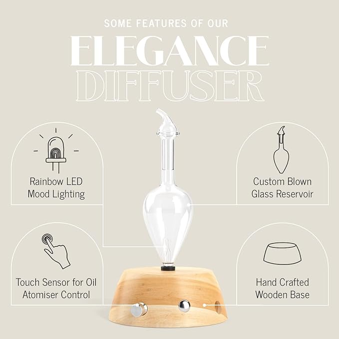 Elegance Aromatherapy Diffuser for Essential Oil, Waterless Glass Nebulizer w/Auto-Off Switch, BPA Free - Lightwood