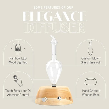 Elegance Aromatherapy Diffuser for Essential Oil, Waterless Glass Nebulizer w/Auto-Off Switch, BPA Free - Lightwood
