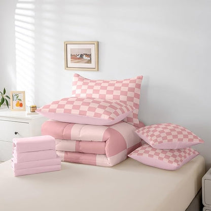 Feelyou Checkered Retro 7 Piece Bedding Set Teen Women Men Pink Gradient Plaid Comforter Set with Sheets Full Size Kids Boys Geometric Vintage Bed in a Bag Modern Simple Groovy Aesthetic Room Decor
