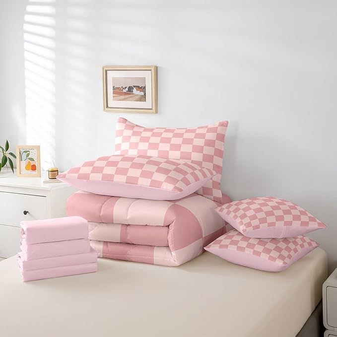 Feelyou Checkered Retro 7 Piece Bedding Set Teen Women Men Pink Gradient Plaid Comforter Set with Sheets King Size Kids Boys Geometric Vintage Bed in a Bag Modern Simple Groovy Aesthetic Room Decor